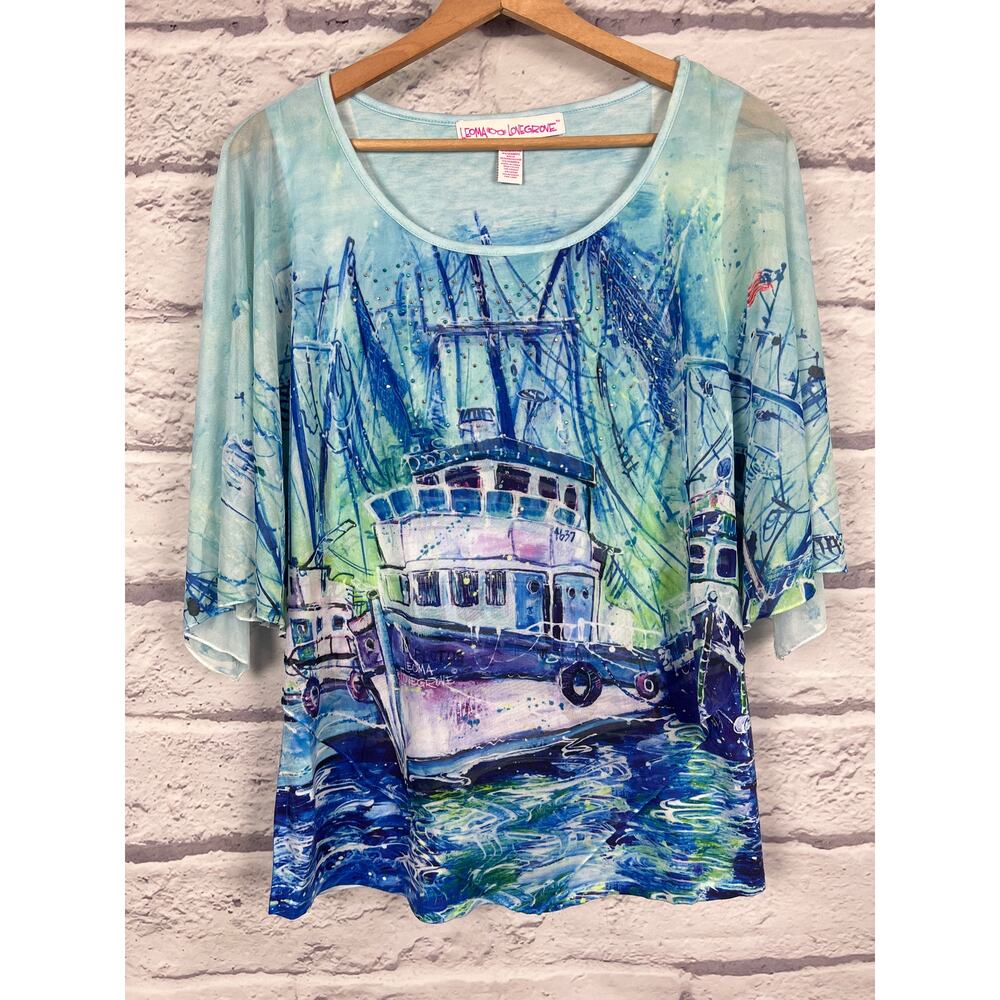 Leoma Lovegrove Womens S Nautical Coastal Artsy Resortwear‎ Rhinestone Blouse - Picture 3 of 11